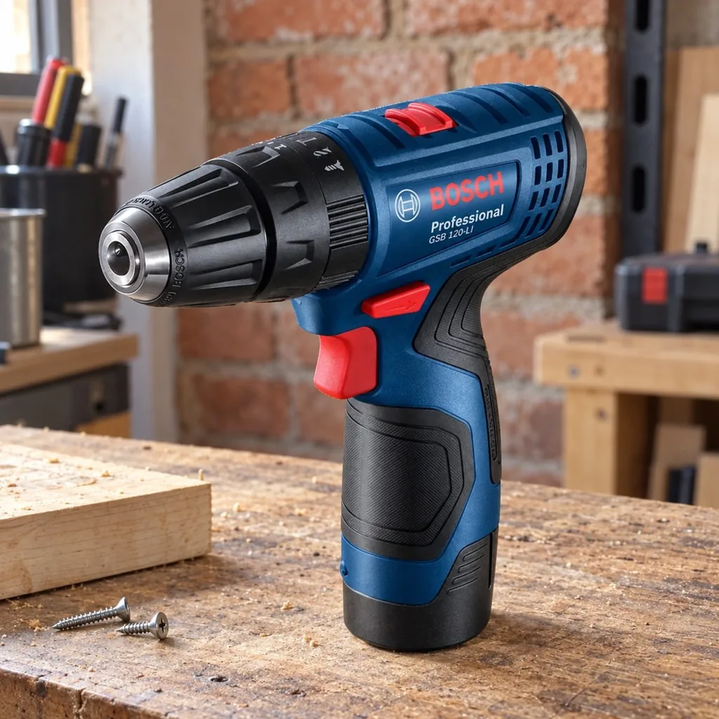 Bosch GSB 120-LI azul na bancada, com parede de tijolo ao fundo