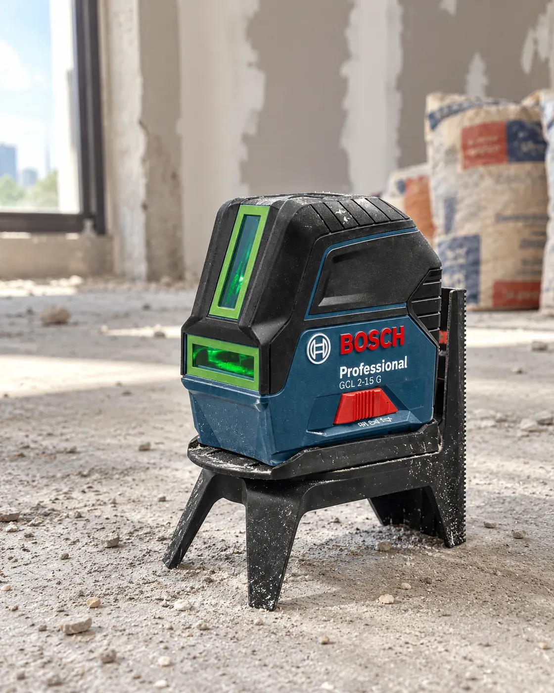 Nível Bosch de linhas verdes encaixado no suporte giratório, sobre o contrapiso empoeirado de um cômodo em reforma, com sacos de argamassa ao fundo